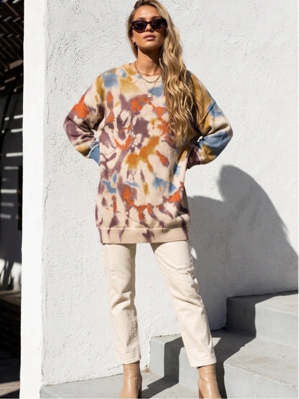 Natural Life Taylor oversized cotton sweater womens L/XL sunset tie dye boho
